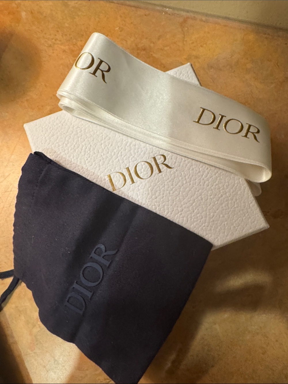 Dior Box w/White Satin Ribbon with Gold Logo and Navy Drawstring Dustbag